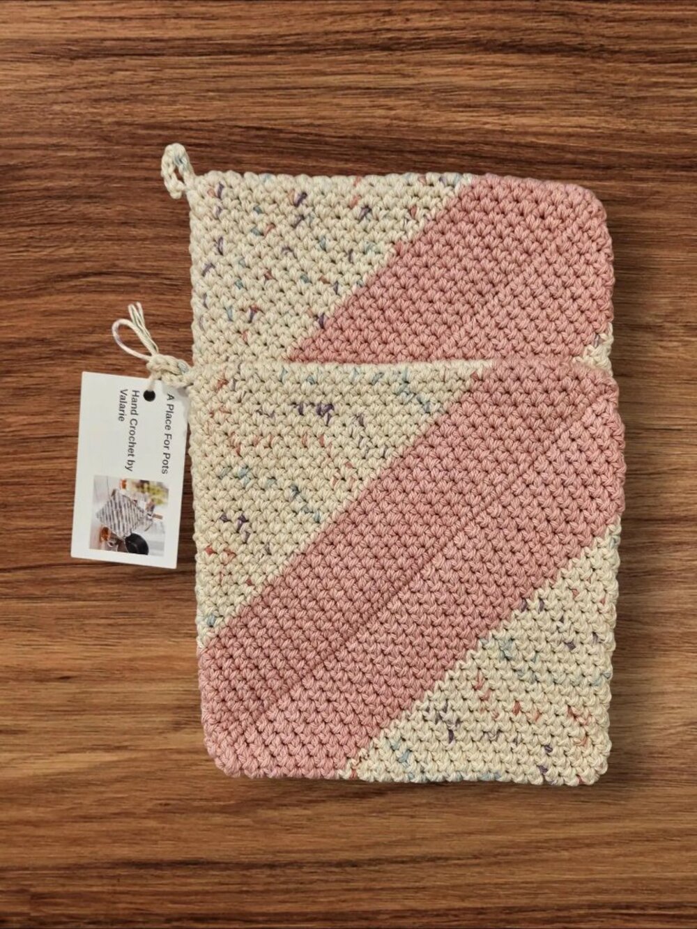 Crochet Potholder Set of 2: Pink & Beige Cotton, Double Layer Heat Resistant - Picture 2 of 3